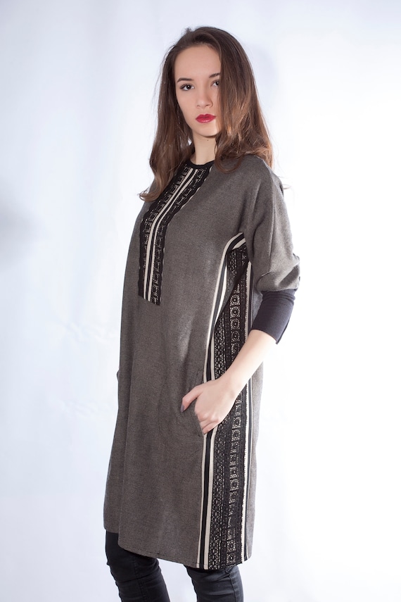 grey dress with black lace trim The Lace Trim Caftan Dress main image 0