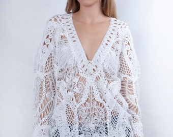 Crochet Blouse, Sheer Blouse, Long Sleeve Summer Top, Crochet Top, Boho Tunic Top, White Lace Top,Plus Size Top,Edwardian Clothing, Knitwear