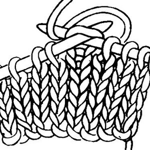 May include: A close-up of a knitting project in progress, showing the knit stitches on the needles. The yarn is wrapped around the needle and the yarn tail is hanging down.