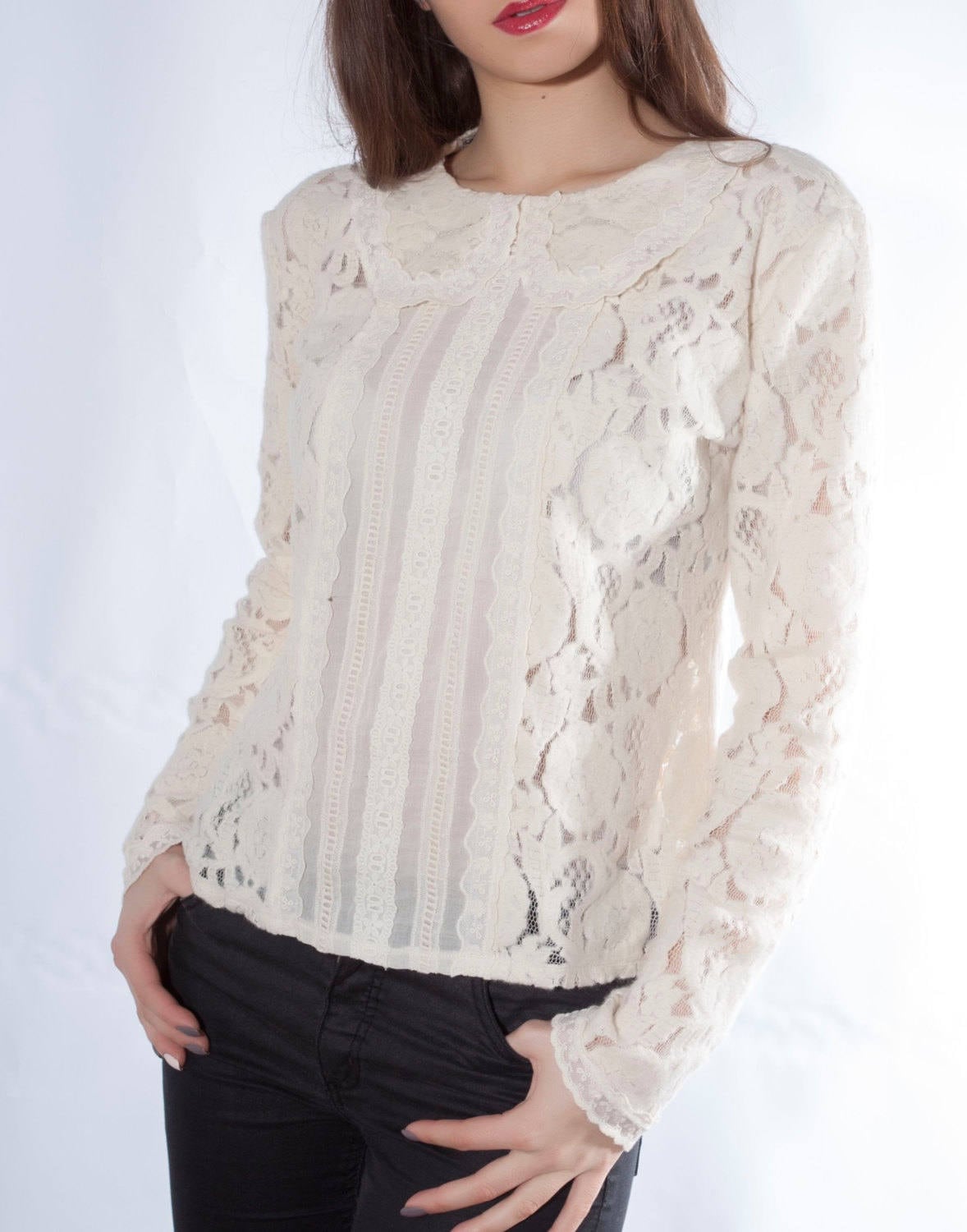 Lace Top White Blouse Edwardian Blouse 