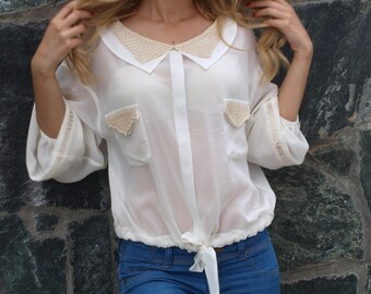 See Through Blouse, Silk Top, Women Top, White Shirt, Bohemian Top, Peter Pan Collar Top, Crochet Top,  Plus Size Clothing, Sexy Top, Lace