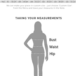 May include: Size chart for clothing with measurements in inches and centimeters. The chart shows bust, waist, and hip measurements for sizes XS, S, M, L, XL, and XXL. The chart also includes a silhouette of a person with lines indicating where to measure bust, waist, and hip.