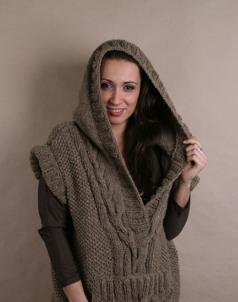 Hand Knitted, Hooded Hoodie, Women Vest, Hooded Vest, Steampunk Clothing, Sleeveless Top, Organic Vest, Wool Vest, Elven Clothing, Vest Top image 1