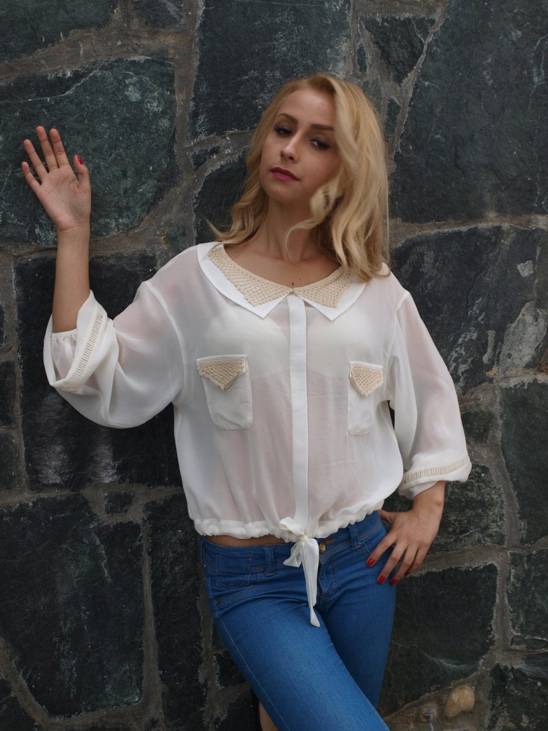 Voir à travers le chemisier, Top en soie, Top femmes, chemise blanche, Top Bohème, haut col