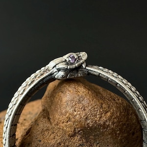May include: A silver snake ring with a purple gemstone eye. The ring is coiled around a brown rock.