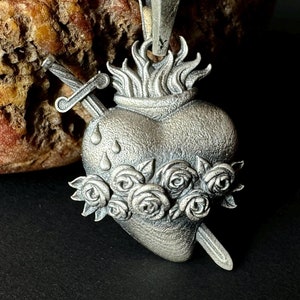 Herz Jesu Halskette, 925 Sterling Silber Herz und Rosen Anhänger, religiöser Schwert Herzanhänger, Liebe Jesu, religiöses Geschenk