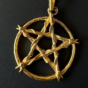 Può includere: Collana con pendente color oro con un design a pentagramma. Il pentagramma è circondato da un anello e intrecciato con un motivo simile al filo spinato. La collana ha una catena e una chiusura dorate abbinate, su sfondo scuro.