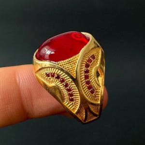 Elf Narya Ring, 14k Gold Plated 925 Sterling Silver Golden Ring of Fire with Red Gemstone