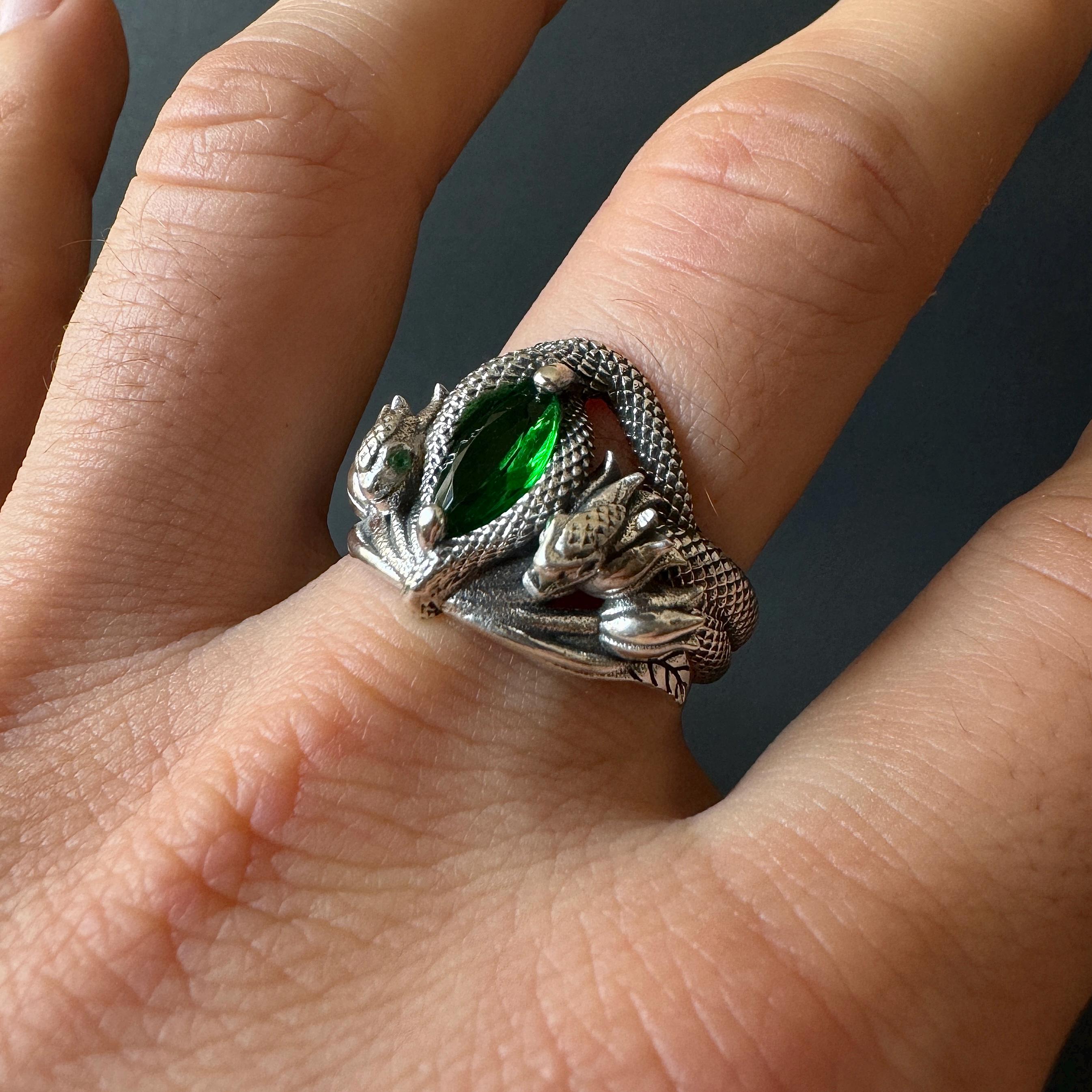 Two Snake Rings Emerald Ring of Barahir, Two Snakes Ring, Solid 925 Sterling Silver ...