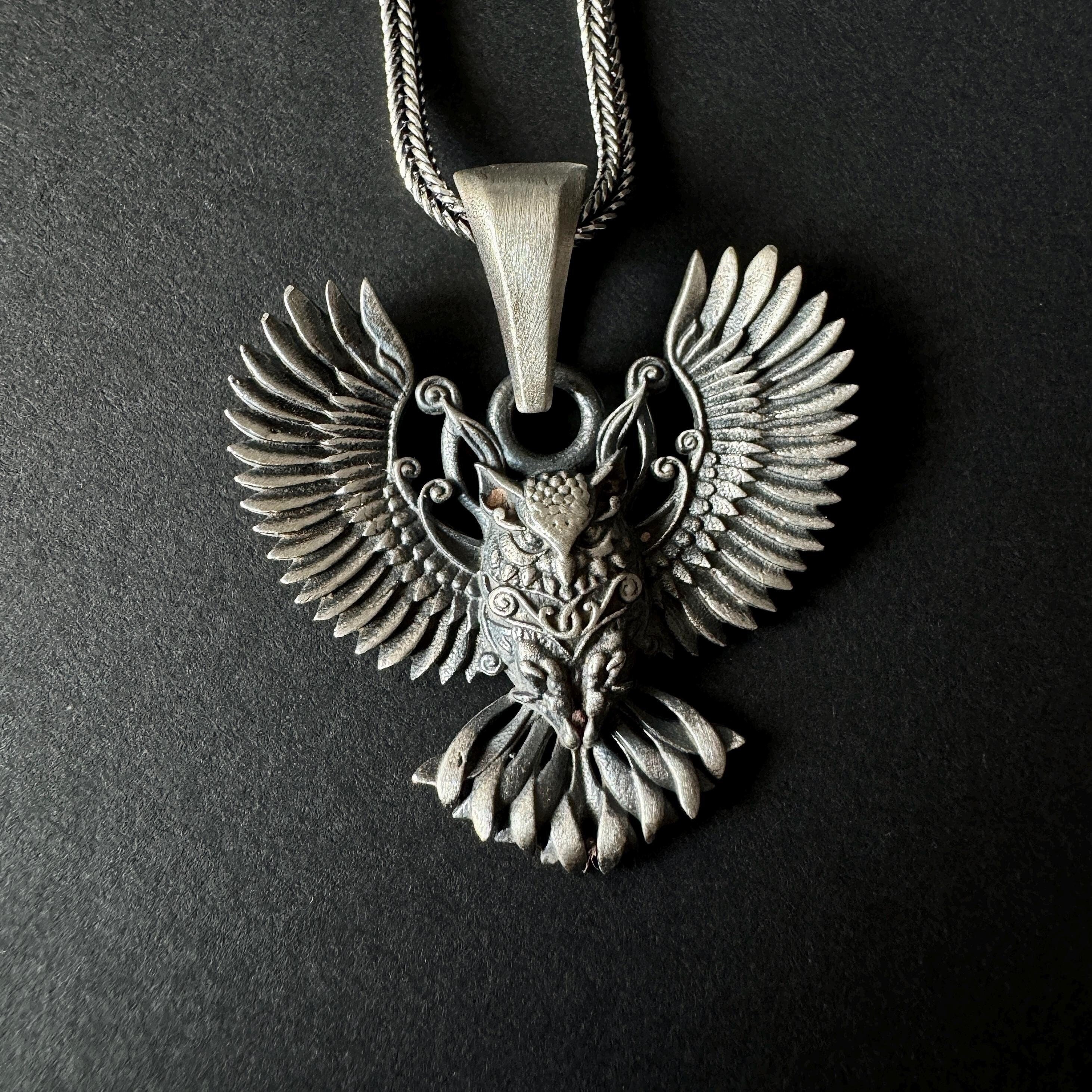Ornamented Viking Owl Necklace, 925 Sterling Silver Nordic Bird Pendant, Owl with Celtic Engravings 