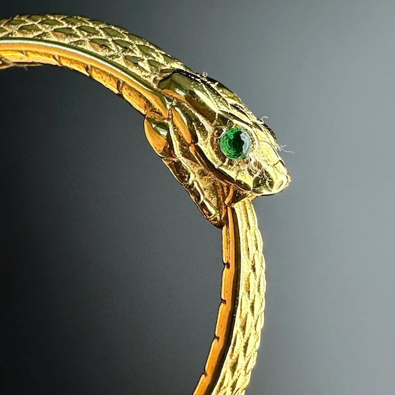 Green Eyed Ouroboros Snake Ring, 14k Gold Vermeil Serpent Band, Gothic Wedding Ring