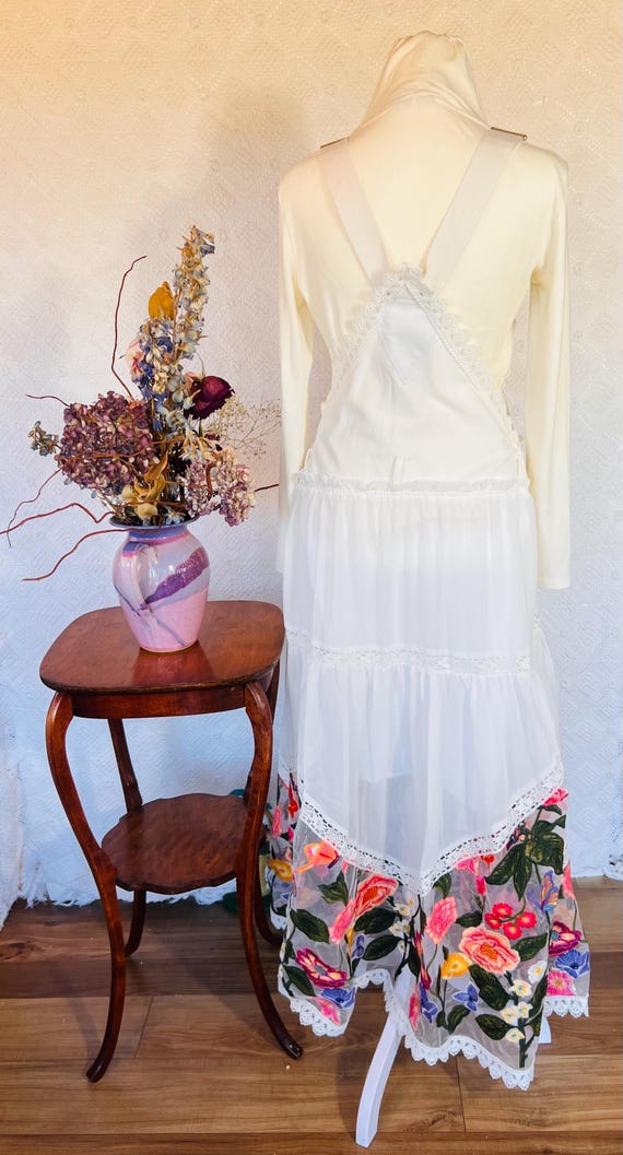 Denim Overall Maxi Jumper Bib Dress Embroidery Lace Tulle Mesh Sheer Floral Upcycled Custom For Women Wedding Bachelorette Bridal Party