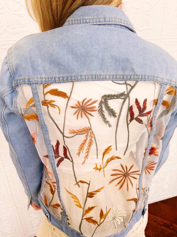 Autumn Upcycled Denim Jean Embroidery Lace Jacket Tulle Mesh