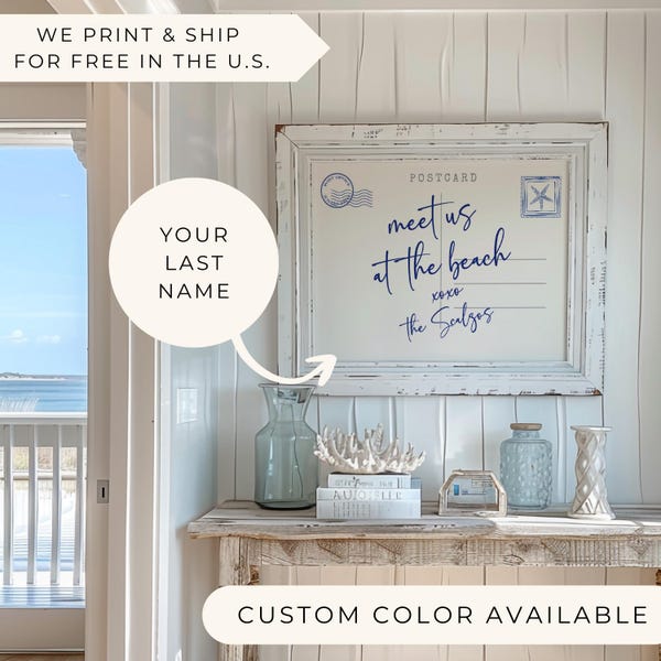 Meet Us At The Beach Personalized Family Name Sign | Coastal Beach House Wall Art | Minimalist Vacation Home Decor | Nautical Rental Decor