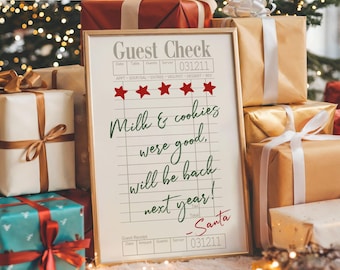 Milk & Cookie Santa Guest Check Christmas Wall Art Print Holiday Decor Hand Drawn Typography Seasonal Home Decor Festive Kitchen