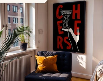 Cheers Cocktail Printable Retro Art Bar Cart Kitchen Wall Art Decor Preppy Wall Print Cocktail Poster Bar Art Trendy Bar Sign Cocktail Print