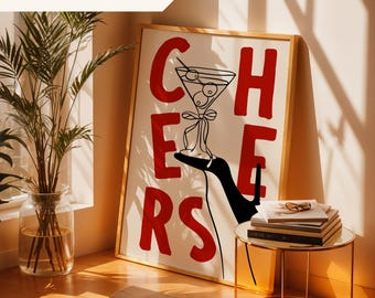 Cheers Printable Retro Cocktail Art Bar Cart Kitchen Wall Art Decor Preppy Wall Print Cocktail Poster Bar Art Trendy Bar Sign Cocktail Print