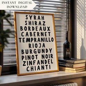 Lista win Natychmiastowe pobieranie Butelka wina Koktajl Plakat Sztuka barowa Koktajl Sztuka ścienna Sztuka wózka barowego Plakat z alkoholem Wydrukowana sztuka ścienna Czerwone wino
