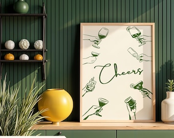 Cheers Digital Printable Retro Art Bar Cart Digital Wall Art Decor Preppy Wall Print Cocktail Poster Bar Art Trendy Bar Sign Cocktail Poster