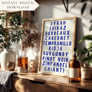 Impresión de vino Descarga instantánea Botella de vino Póster de cóctel Arte de bar Arte de cóctel Arte de carrito de bar Póster de alcohol Arte de pared imprimible Vino tinto