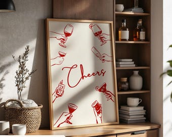 Cheers Printable Retro Art Bar Cart Digital Wall Art Decor Preppy Wall Print Cocktail Poster Bar Art Trendy Bar Sign Cocktail Poster Print