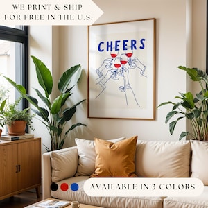 Impresión de vino y brindis, arte de cóctel, carrito de bar, decoración de cocina, arte de pared grande, impresión de pared preppy, póster de cóctel, arte de bar, póster de cócteles para pared