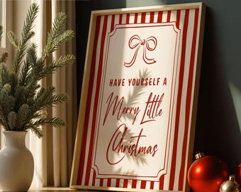 Whimsical Merry Little Christmas Bow Frame Red Striped Background Wall Art Print Home Decor Hand Drawn Holiday Art Typography Wall Art