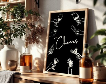 Cheers Digital Retro Art Bar Cart Digital Wall Art Decor Preppy Wall Print Cocktail Poster Bar Art Trendy Bar Sign Cocktail Poster Print Art