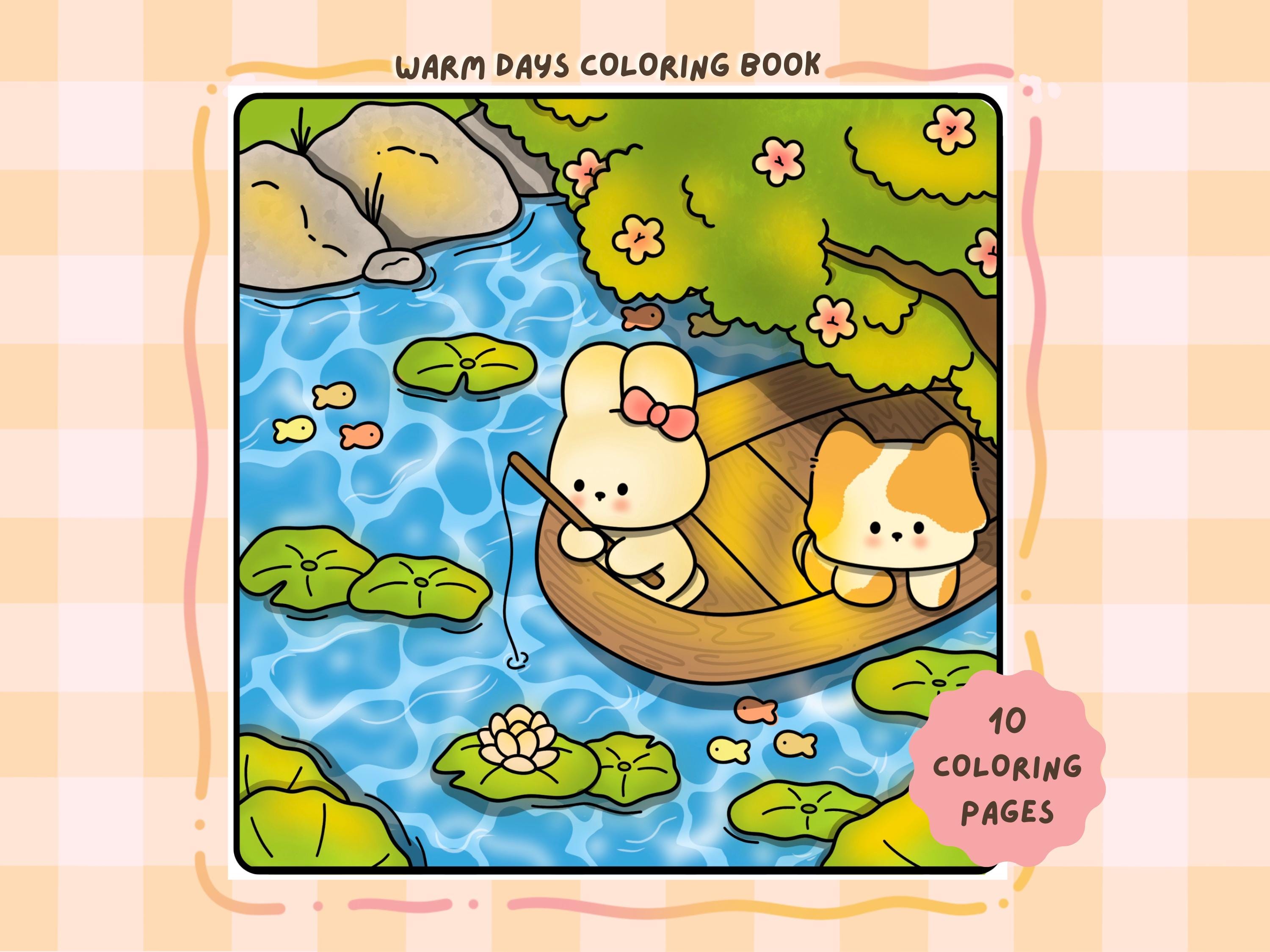 Summer Kawaii Coloring Pages for Adults – 10 Hand-Drawn Printable Sheets, Aesthetic Easy Designs, Instant PDF Download
