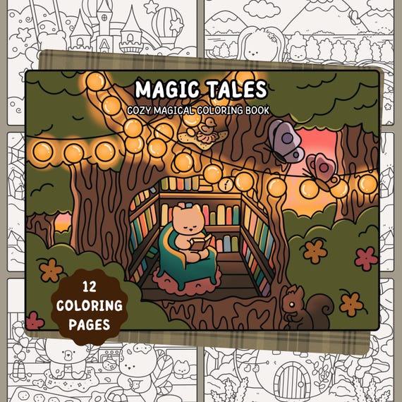 Kawaii Magic Coloring Pages, Cozy Fairy Coloring Book, 12 Hand-drawn Fantasy Coloring Sheets, Coloring for Kids & Adults, Digital Download