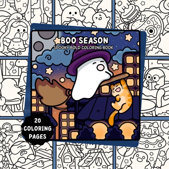 Kawaii Halloween Coloring Book, Spooky Coloring Pages, 20 Hand-drawn Coloring Sheets, Coloring for Kids & Adults, Digital Download