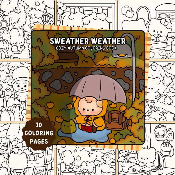 Kawaii Autumn Coloring Pages, Cozy Fall Coloring Book, 10 Hand-drawn Autumn Coloring Sheets, Coloring for Kids & Adults, Digital Download