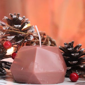 May include: A geometric pink candle with a white wick, surrounded by pine cones and red berries.