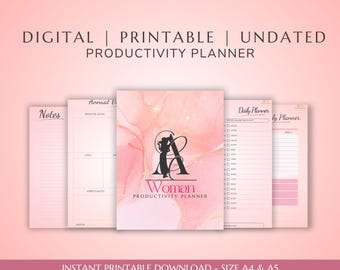 Puede incluir: Un planificador de productividad rosa y dorado con el texto "Woman Productivity Planner" y una silueta de una mujer. El planificador incluye secciones para notas, planificación diaria y objetivos anuales.