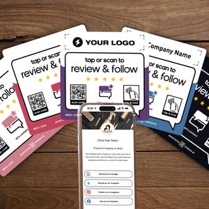 May include: A collection of square review and follow signs in various colours, each featuring a QR code, a speech bubble icon, and the text tap or scan to review & follow. A smartphone displays a digital profile for Olivia Hair Salon.