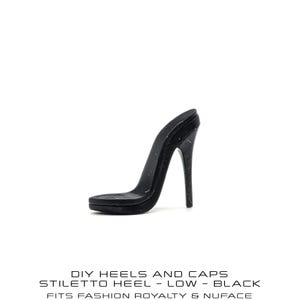 May include: A black stiletto heel, low style, is displayed against a white background. The heel is a DIY product, as indicated by the text "DIY HEELS AND CAPS". The text also mentions "FITS FASHION ROYALTY & NUFACE".