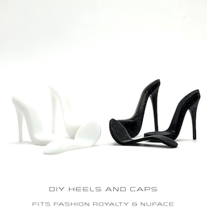 May include: White and black high heel shoe accessories. Two white heels and two black heels are displayed, along with matching sole caps. The text "DIY HEELS AND CAPS" is visible.