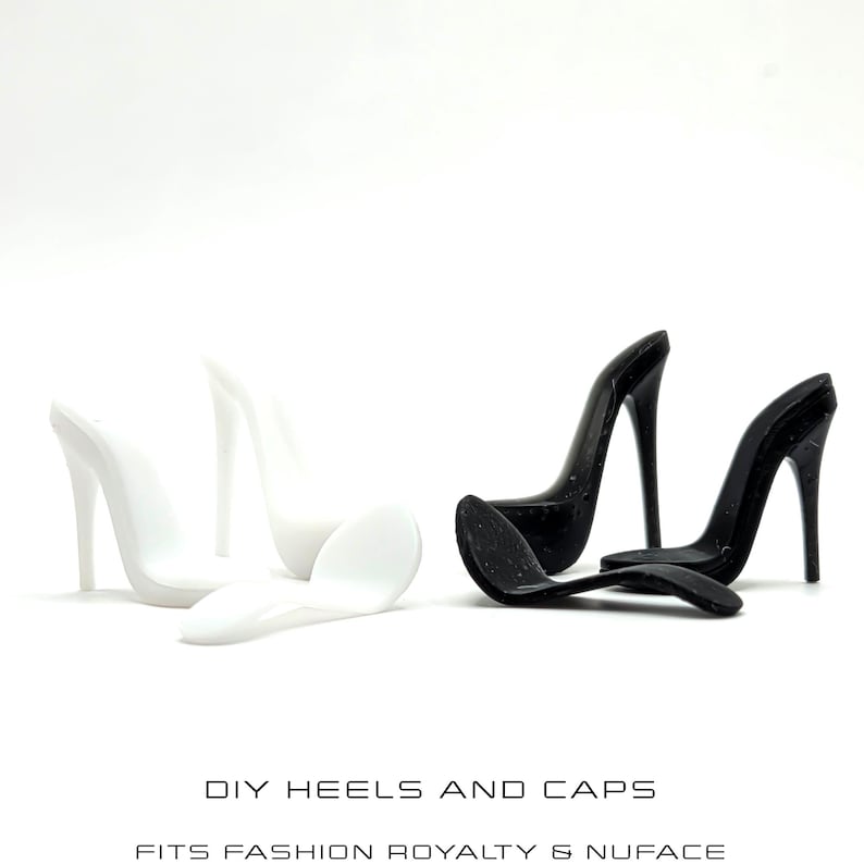 May include: White and black high heel shoe accessories. Two white heels and two black heels are displayed, along with matching sole caps. The text "DIY HEELS AND CAPS" is visible.