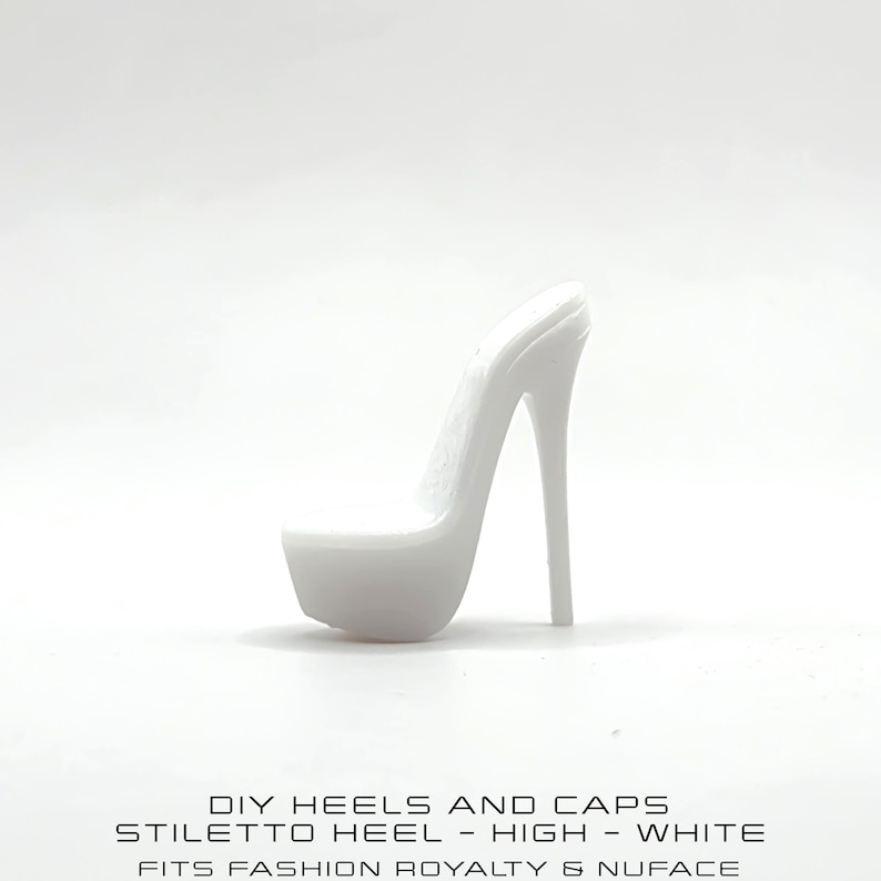 May include: A white stiletto heel with a high heel design. The platform heel is white and the text on the image reads "DIY HEELS AND CAPS, STILETTO HEEL - HIGH - WHITE, FITS FASHION ROYALTY & NUFACE."