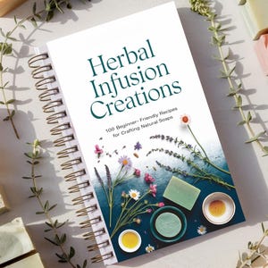 May include: A white spiral bound book with the title "Herbal Infusion Creations" and the subtitle "100 Beginner-Friendly Recipes for Crafting Natural Soaps". The cover features a blue and green background with various herbs and flowers, including lavender, rosemary, and chamomile.