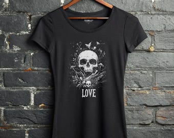 Camiseta Love Skulls, camisa gótica de bruja, ropa alternativa para mujer, estética romántica oscura