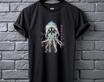 Wraith in the Machine Tee Glitched Squid Hacker Shirt Alt Clothing for Men Cyberpunk Signature Drop