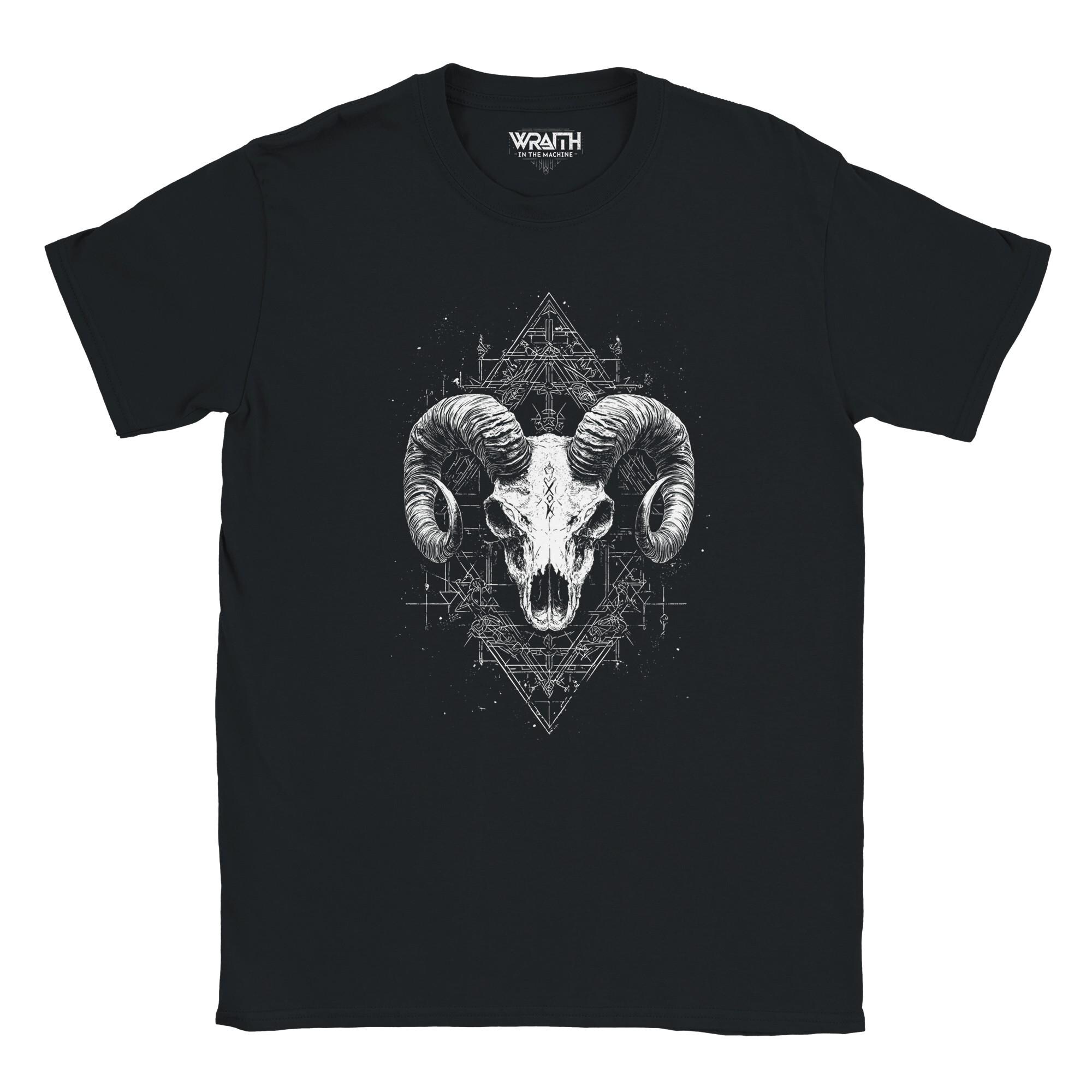 神秘的な雄羊の頭蓋骨Tシャツ、儀式用ヤギの頭のシャツ 