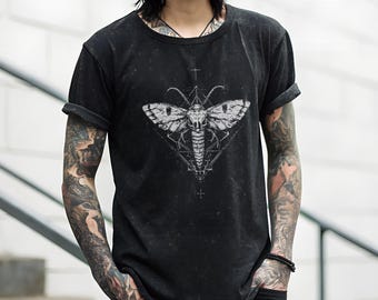 Goth Graphic T-Shirt — Sacred Death Moth Occult Sigil, Heavyweight Distressed Acid-Washed, Unisex Vintage Black | Wraith in the Machine