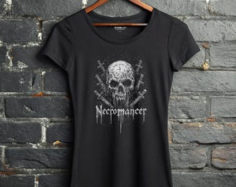 Camiseta de calavera de nigromante, camisa de hechicería oscura, ropa alternativa para mujer, estilo gótico ocultista.