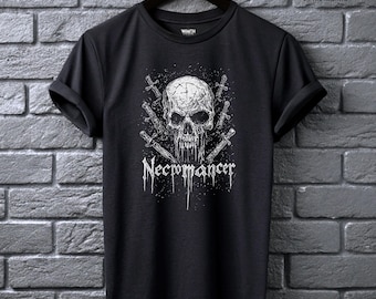 Camiseta de calavera de nigromante, camisa de magia oscura, ropa alternativa para hombre, estética gótica sombría.