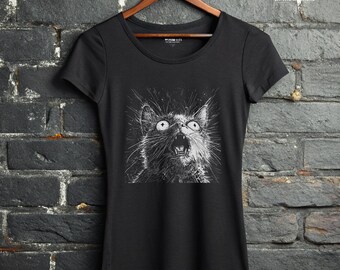Camiseta de gato poseído, estampado de gato de terror, ropa alternativa para mujer, Weirdcore, felino espacial