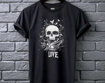 Camiseta Love Skulls, camisa gótica de bruja, ropa alternativa para hombre, estética romántica oscura, punk, emo, estética ocultista, diseño de naturaleza.