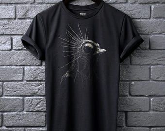 May include: A black short-sleeve t-shirt featuring a white line-art graphic of a bird with a mechanical eye and radiating spikes. The shirt has a crew neckline and displays the text WRATH IN THE MACHINE at the top right and on the inner neck label.