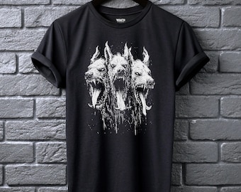 Cerberus Hellhound Tee Mythical Three-Headed Dog Shirt Alt Clothing for Men Dark Fantasy Aesthetic